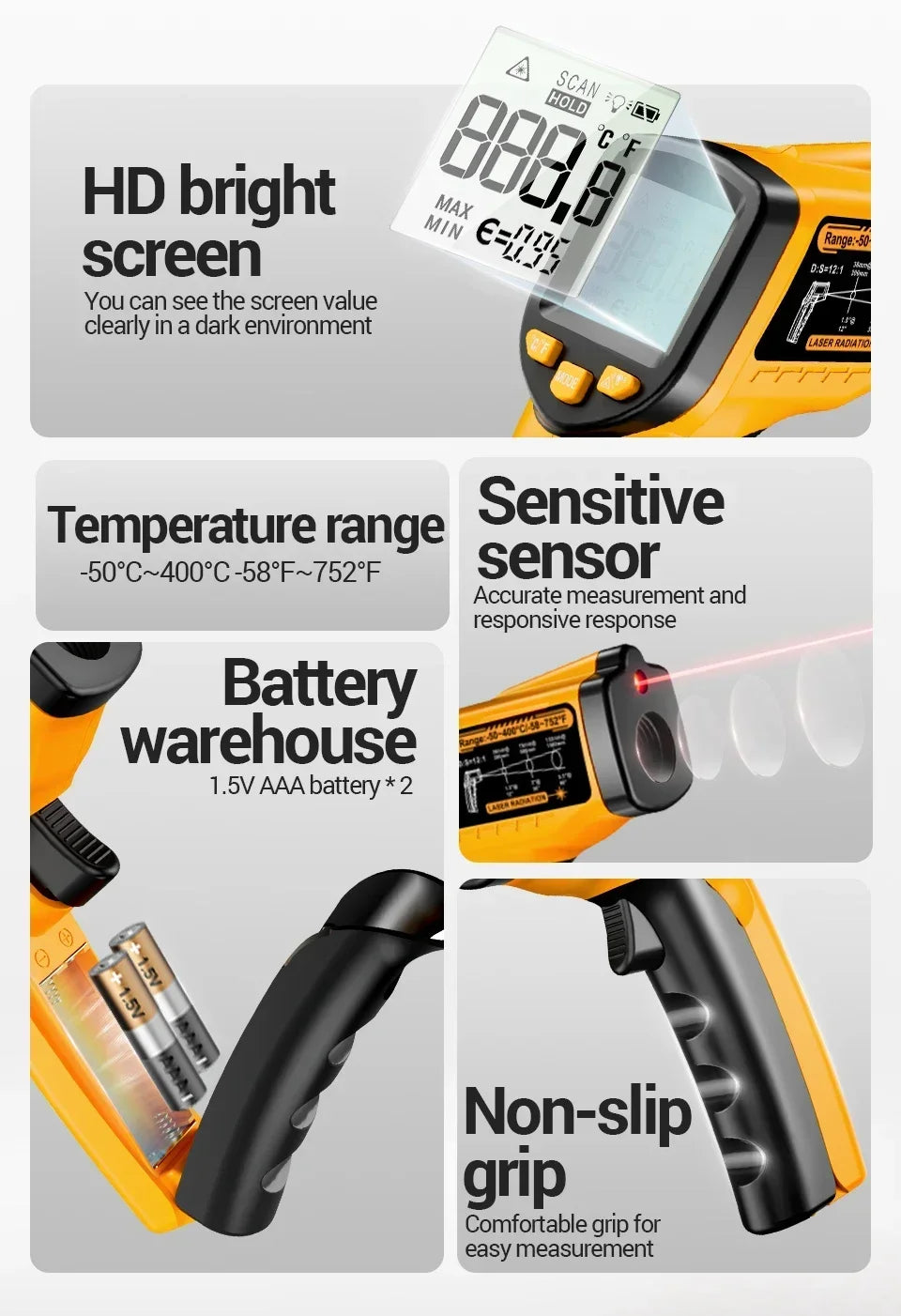 ANENG TH109 Red Laser Thermometer Object Distance Ratio12:1 Non-contact  Temperature Meter -50~400℃  Pyrometer Tester Hygrometer