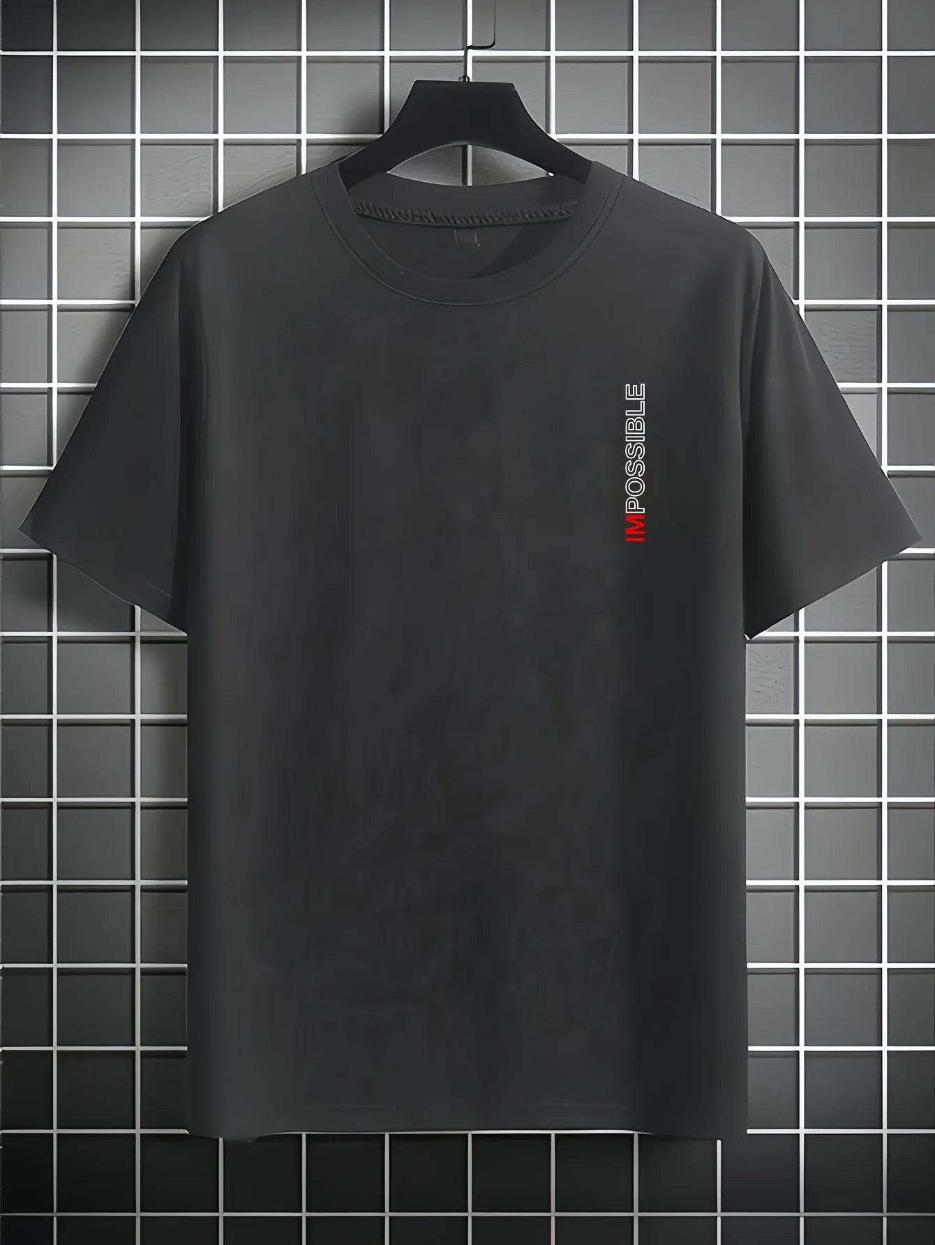 100% pure cotton Men's Short Sleeve T-Shirt - Black Motivational "It's Not Impossible" Print Loose Fit Casual Round Neck Breat