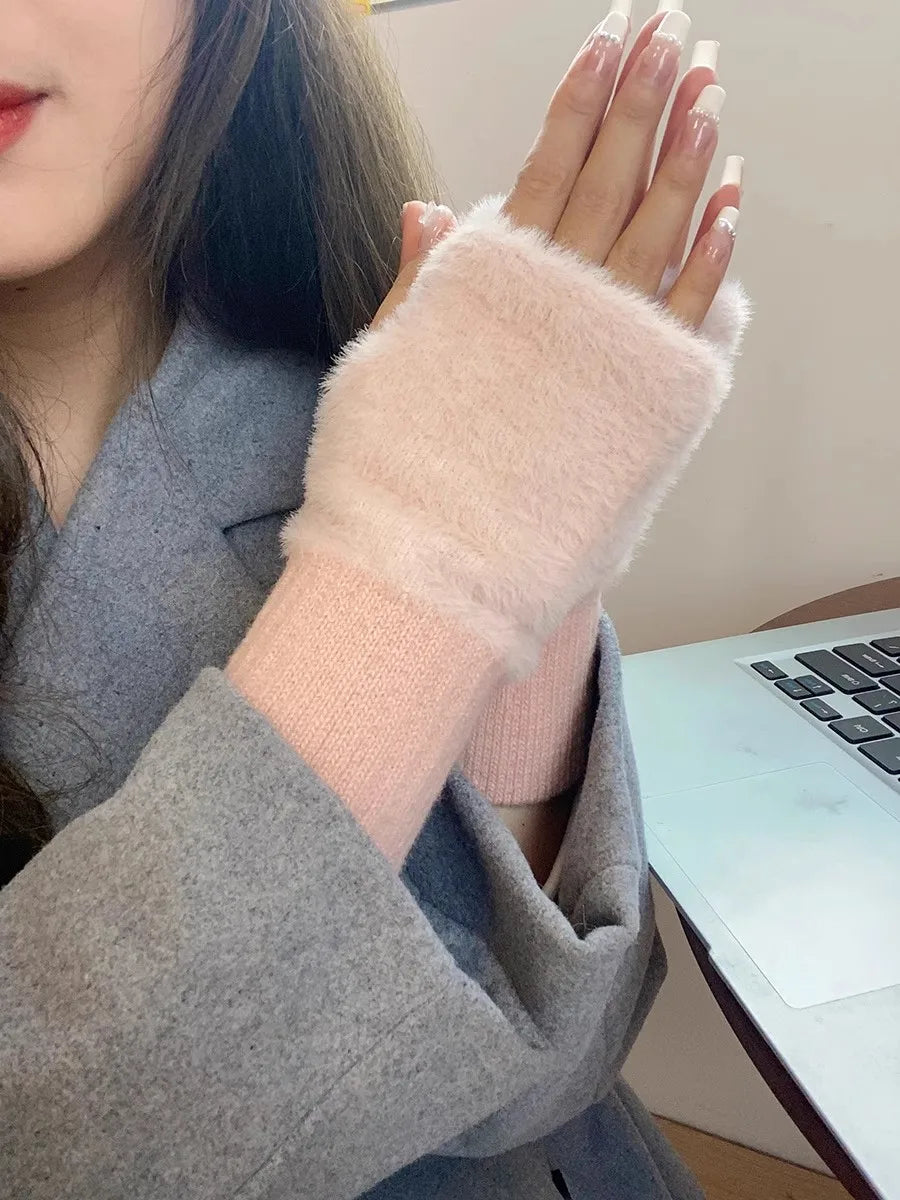 Soft Winter Half Finger Gloves Women Warm Luxury Solid White Plush Knitted Fingerless Gloves Wrist Mittens Writting