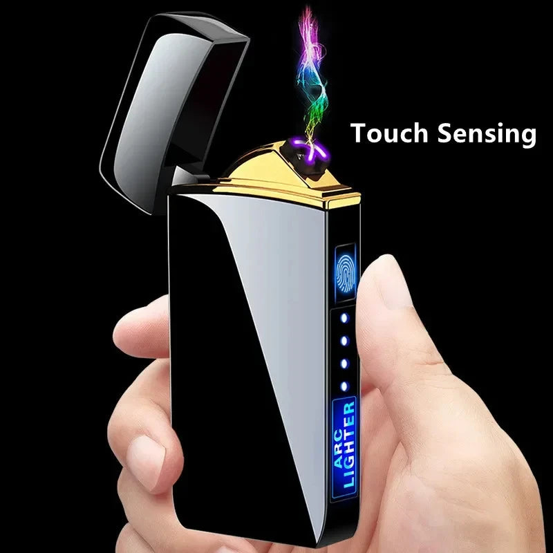Hot Electric Windproof Metal Lighter Double Arc Plasma Flameless Rechargeable USB Lighter LED Power Display Touch Sensor Lighter