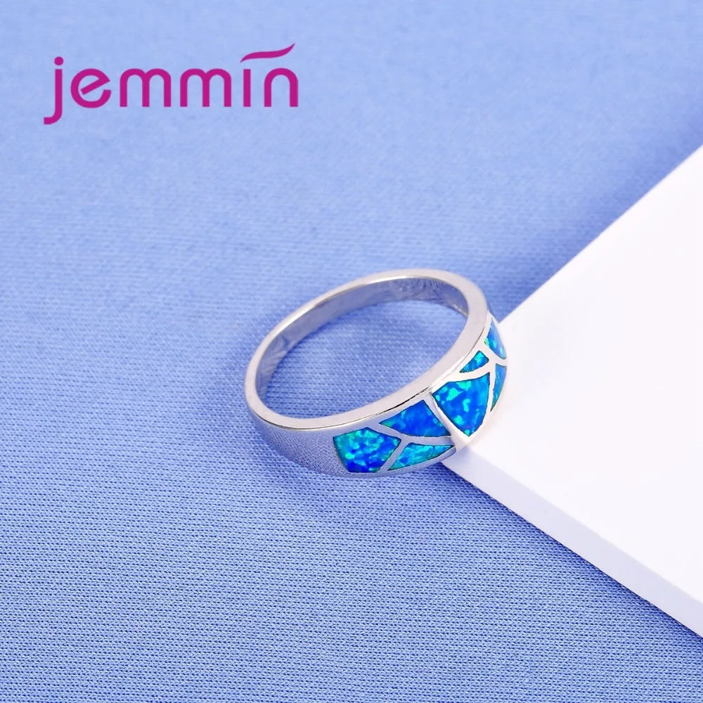925-Sterling-Silver  Ring Jewelry For Women Blue Opal Anillos Bijoux Wedding Annivesary Finger Rings For Female Accessory