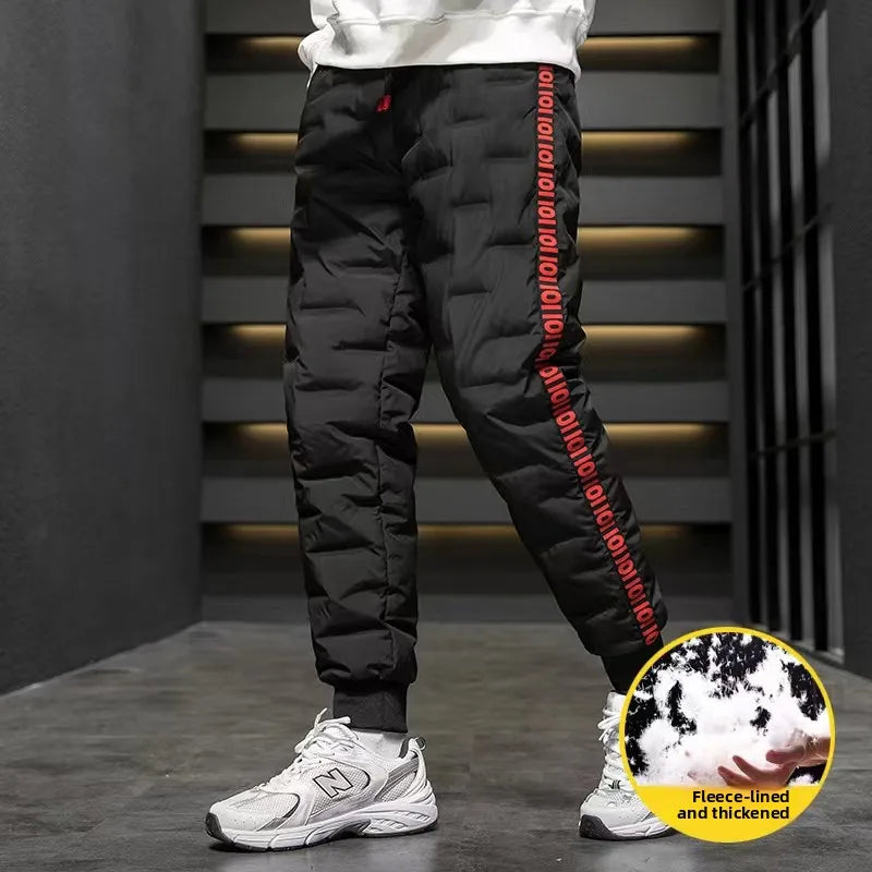 Men's down Trousers Large Size Winter Fce Warm Casual Du down Cotton Pants Loose Fit mid Waist Long Pants Polyester Fiber