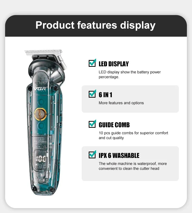 VGR Hair Trimmer Electric Barber Hair Cutting Machine Cordless Hair Clipper Beard Shaver Multifunctional Trimmer for Men V-102