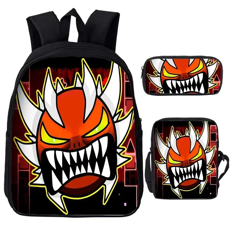 Large Capacity Bookbag 3pcs Set Boys Girls School Bags Angry Geometry Dash Cartoon Print Children Backpack Back To School Gifts