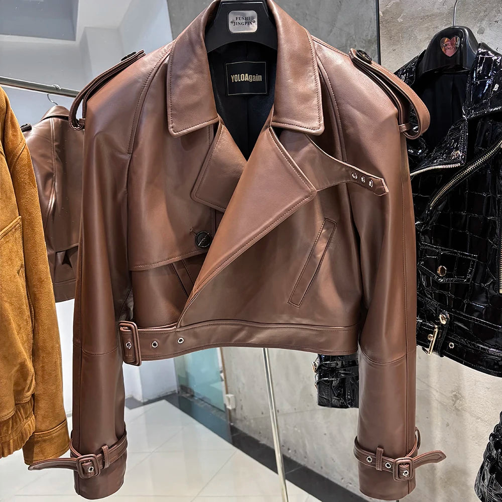 YOLOAgain Wide Shoulder Real Leather Jacket Women Oversized Genuine Leather Cropped Jacket