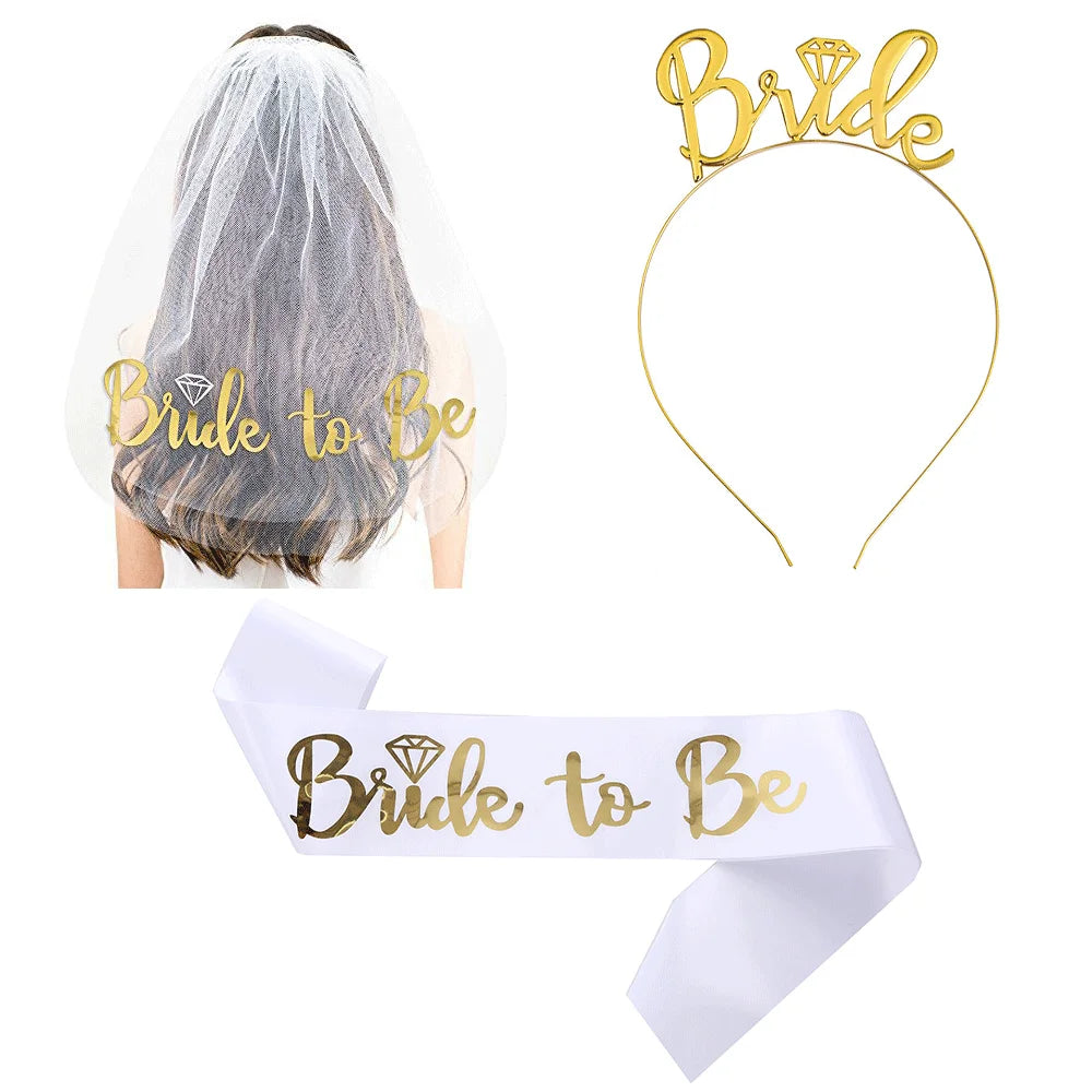 Wedding Party Set Rose Gold Bride to Be Bridal Shower Bridal Straps Wedding Veil Headband Hen Night Bachelorette Party Supplies