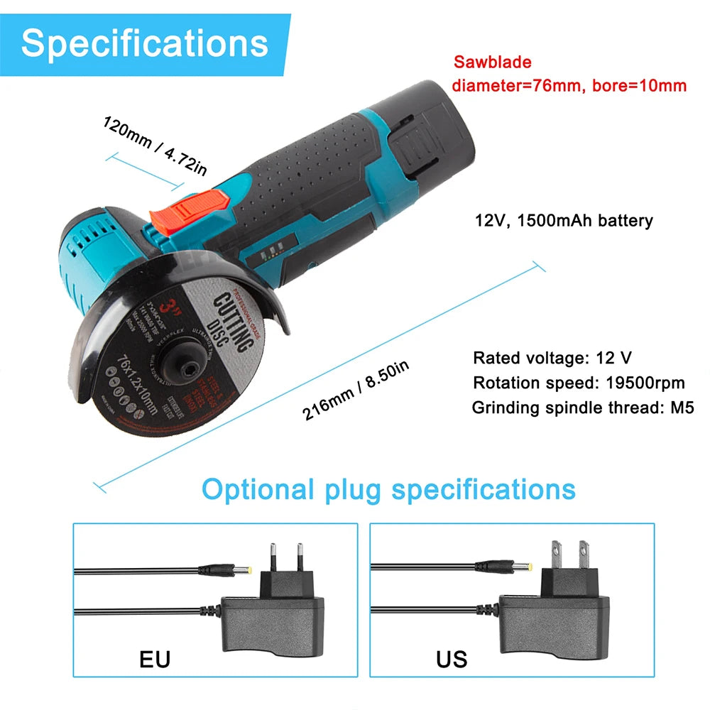 Cordless Electric Grinder 19500rpm Handheld Polishing Grinding Machine Diamond Cutting Power Tool 12V Battery Rechargeable