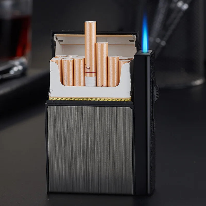20 Sticks Cigarette Case Metal Lighter Turbo Butane Cigarette Capacity Gas Cigarette Lighter Gadget Lighter Box Men's Gift