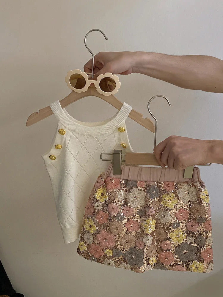 Summer Set Top 2024 New Girls Design Tank Top Flower Short Skirt Set Baby Girl Sweet Cute Temperament Clothes