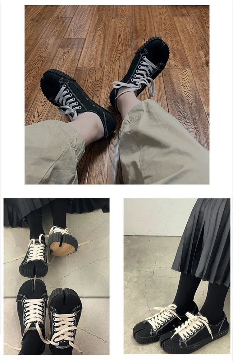 Fashionable Low Cut Split Toe Shoes For Women's Horseshoe Pig Hoof Gear Sole Canvas Shoes Lace UP Casual Board Shoes