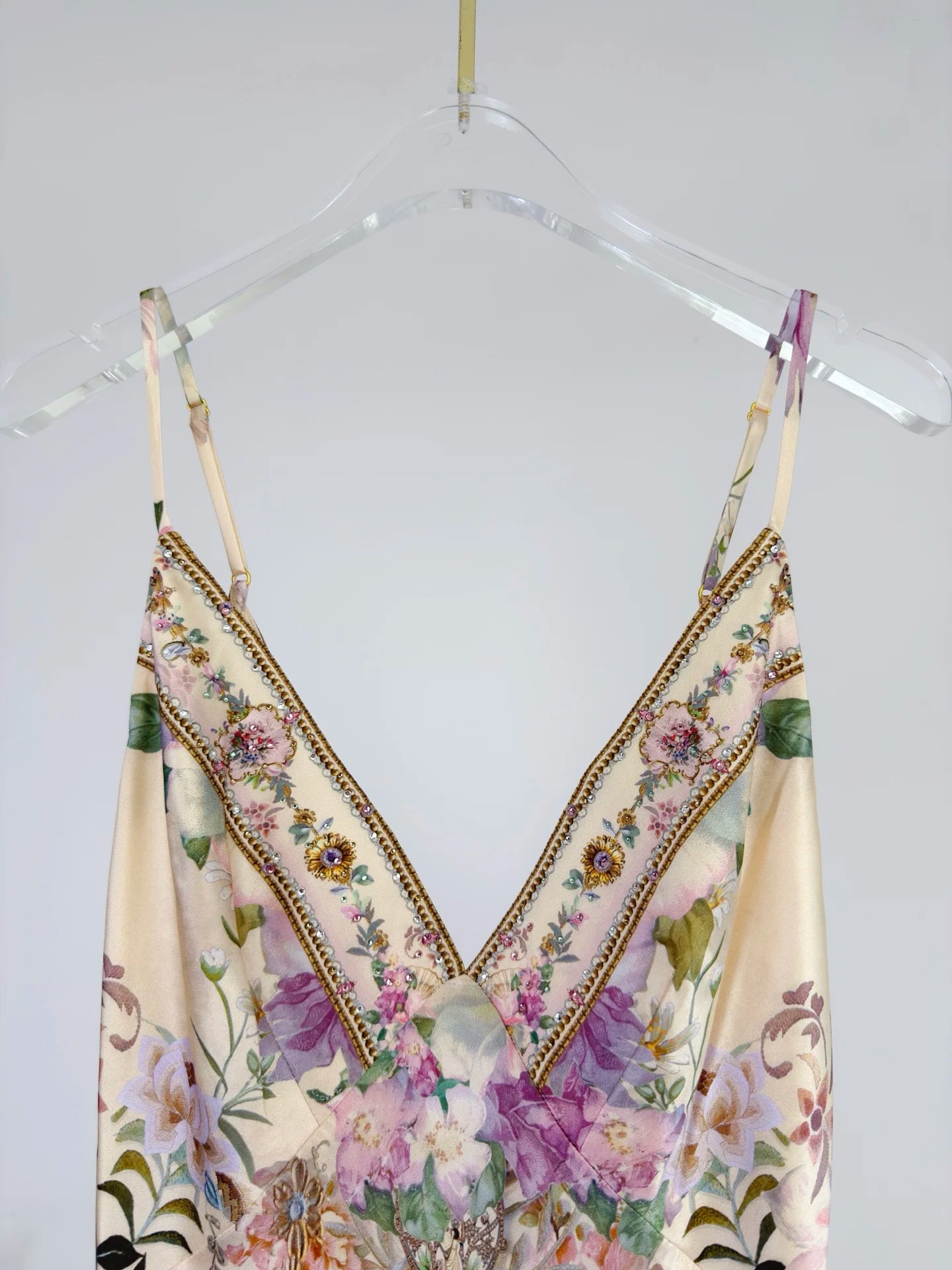 Women Silk Flower Printed Long Dress Heavy Beaded V-Neck Lantern Sleeve Loose Female dress