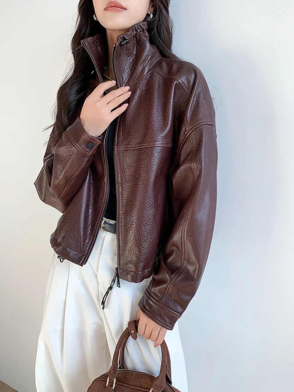 Vintage Genuine Leather Cropped Jackets for Women Spring Autumn 2025 New High-end Simple Stand Collar Bubble Real Sheepskin Coat