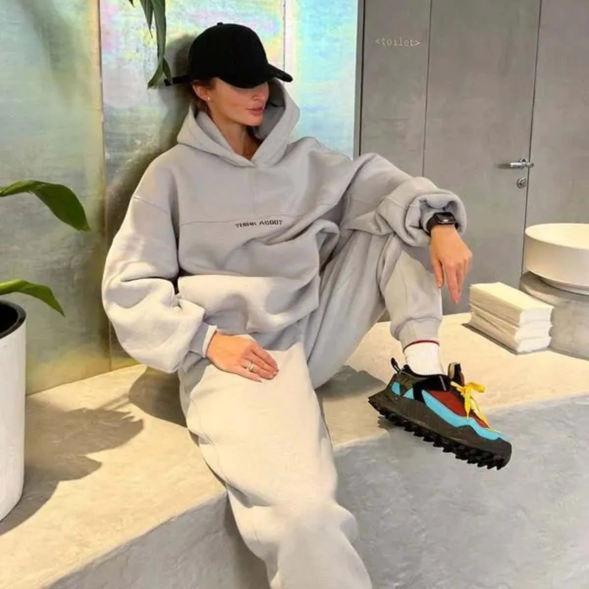 Two Piece Drawstring Set Long Sleeved Letter Print Hoodies Loose Sweatshirt Jogging Pants Outfits Autumn Women Sports Hooded