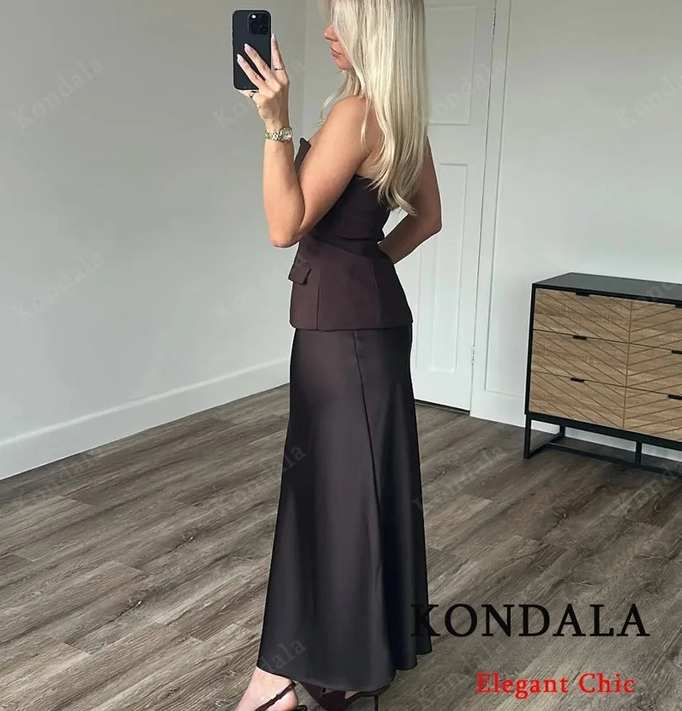 KONDALA-Women Elegant Chocolate Skirt Set Tube Top + Elastic Waist Satin Hip Skirt New 2025 Spring Summer Slim Mocha Mousse Set