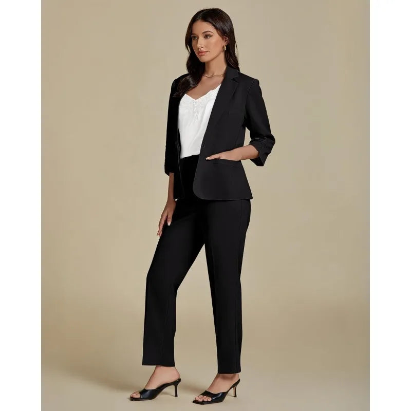 Pant Suits for Women Dressy 2 Piece Business Casual Outfits 3/4 Sleeve Blazer Straight Leg Pant Sets Office Work