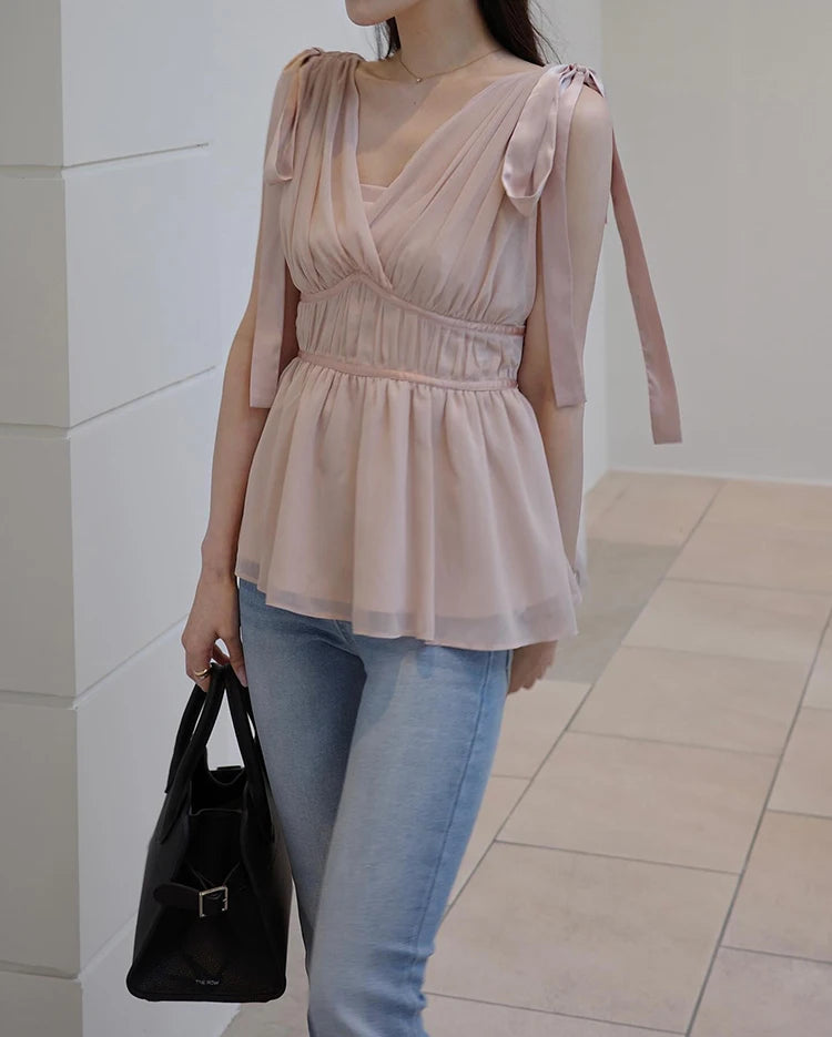 Women's Tops Summer Bow Tie Sweet Elegant Blouse Femme V Neck Shirt Waist-Cinching Japanese Style Sleeveless Chiffon Blouse