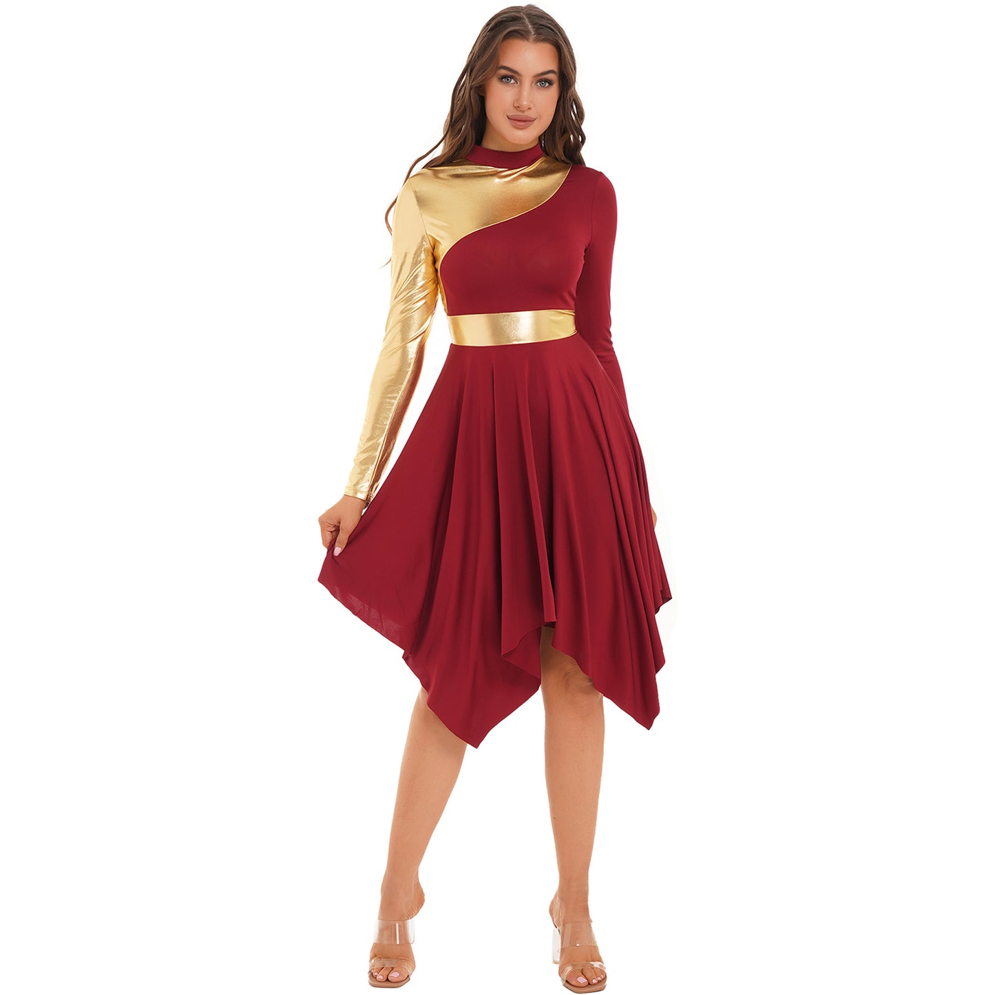 Women Modern Lyrical Dance Dress Waltz Ballroom Performance Costume Church Choir Worship Gown Long Sleeve Shiny Dancewear