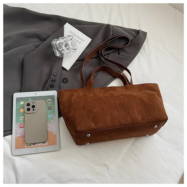 Large Capacity Tote Women Bag Retro Faux Suede Shoulder Bag Quitting Designer Bags for Women Handbag Commuting Shopper Purses