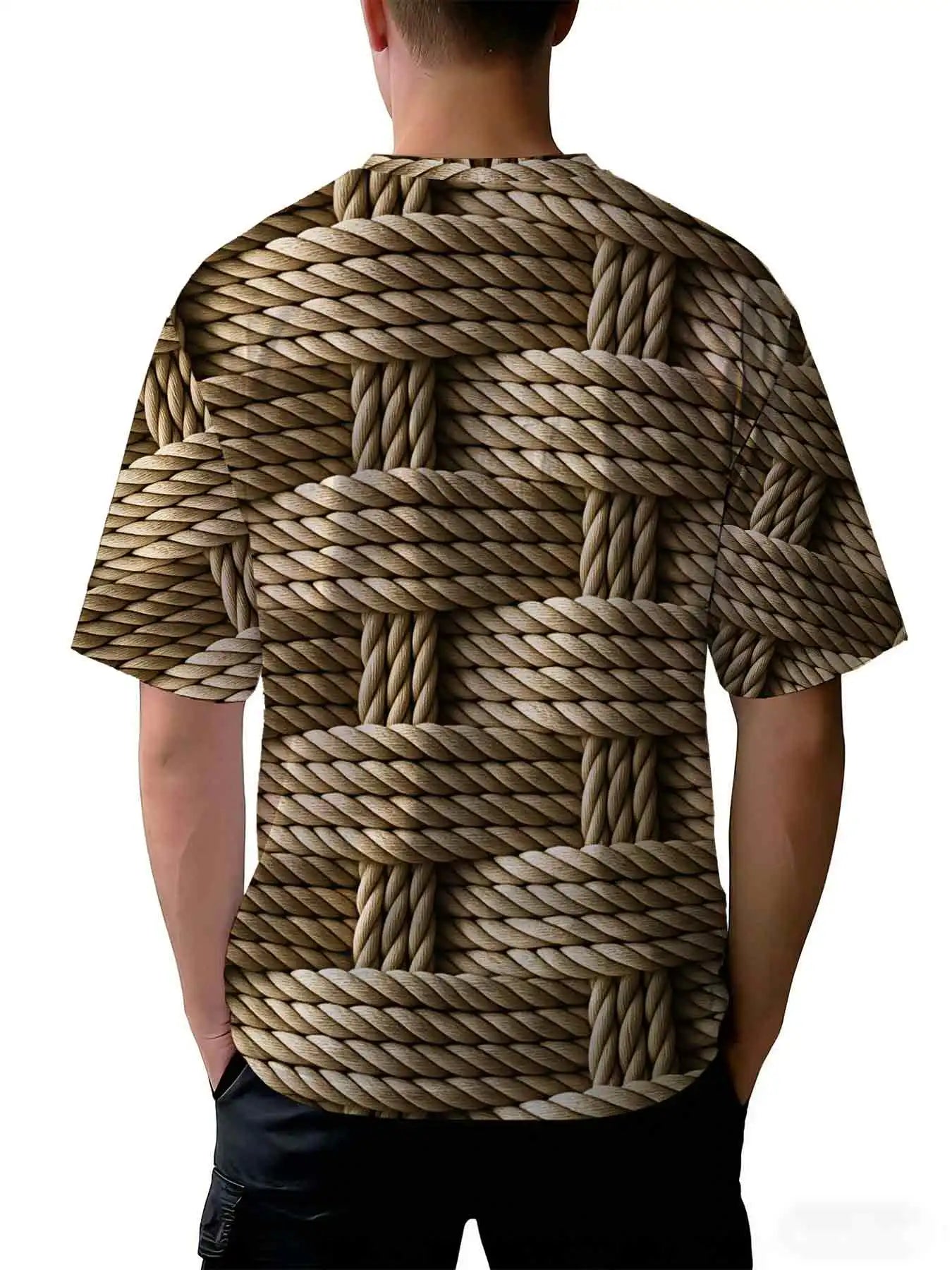 2026 new printed T-shirt  Men's Retro Woven Rope Print Casual T-Shirts Trendy Texture Loose Crewneck Tees