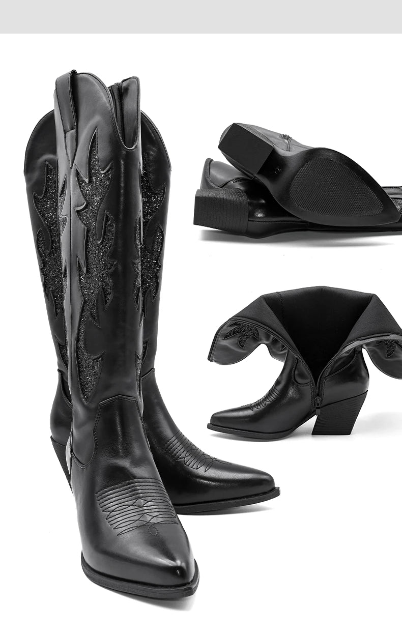 Shoes for Women New Embroidered Western Cowboy Boots Women Autumn Pointed Toe Thick Heel High Knee Boots