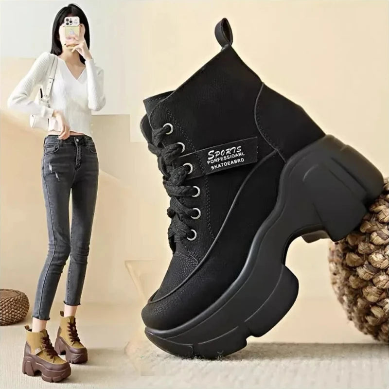 Women's Shoes on Sale High Quality Lace Up Women Boots Winter Round Toe Mixed Colors Short Barrel Platform Increase Height Boots