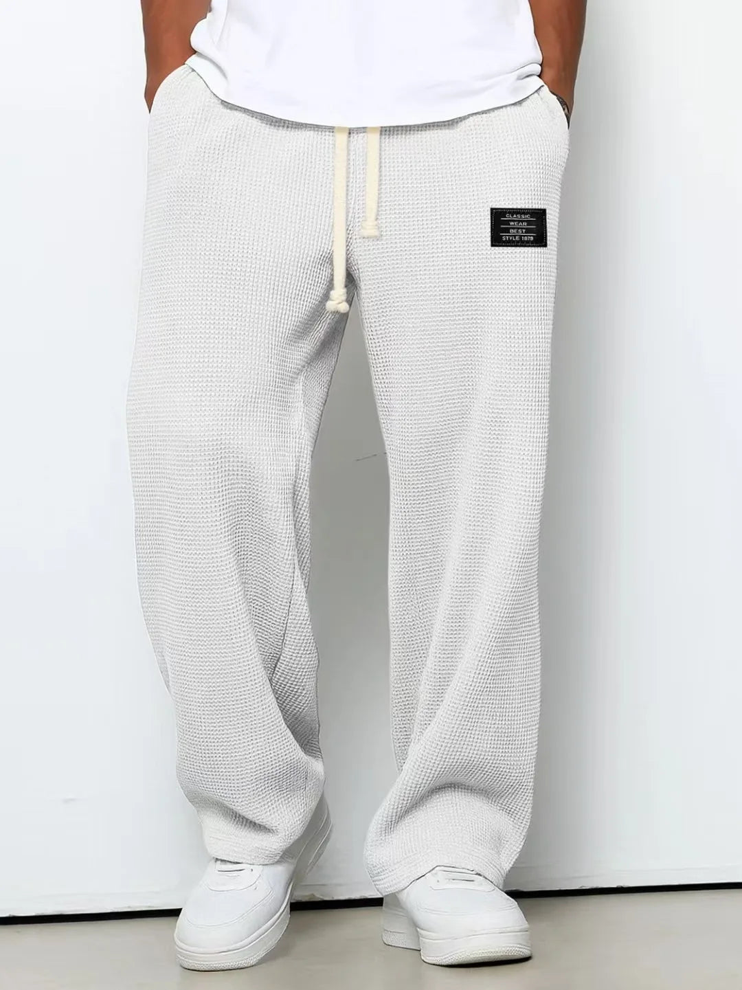 Men's spring-autumn trendy brand loose-fitting stretchy straight-leg sweatpants. Waffle fabric. Micro-bouncy sporty casual pants