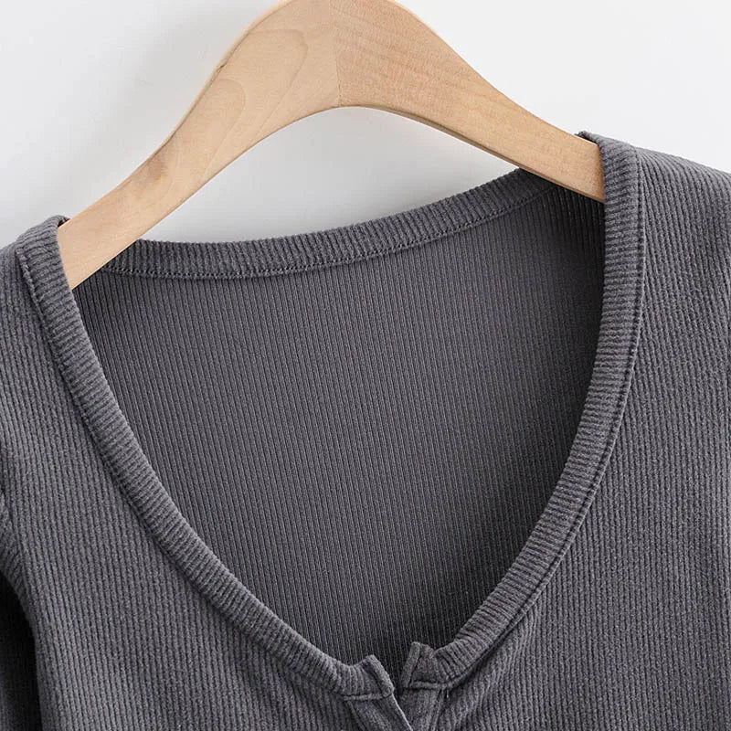 Summer Sexy Women Crop Tops Long Sleeve Tee Shirt Clubwear Buttons Solid T Shirt Women Black White Slim Tops