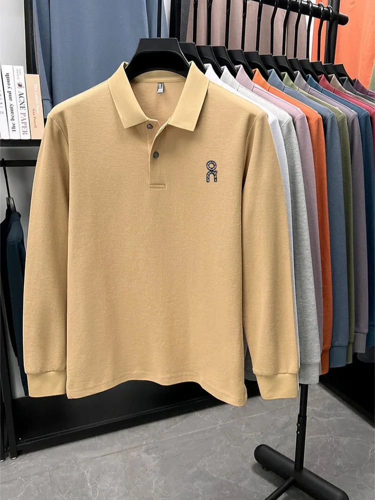 100% pure cotton polo shirt long sleeved men's brand fashionable embossed T-shirt sports breathable spring autumn casual new top
