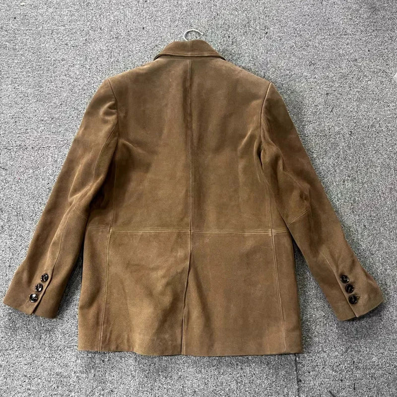 Retro Nubuck Suede Leather Suit Coat Women 2024 Autumn Winter Genuine Cow Suede Jacket Vintage Coffee Oversized Jacket Outwear