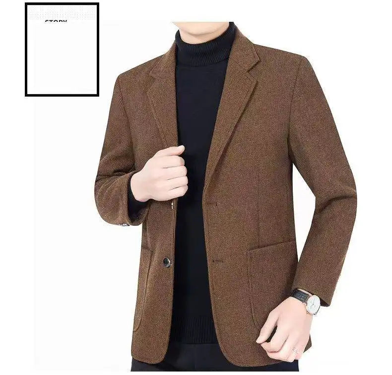 Men's woolen suit spring and autumn jacket is fashionable, cool and versatile. It is a solid-color checkered flat lapel short to