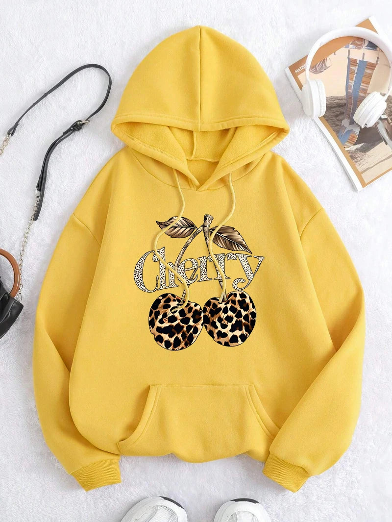 2025 Leopard Cherry Creative Printing Hoodies Women All-Match Streetwear Y2K Pocket Hoody Autumn Winter Casual Women Clothing