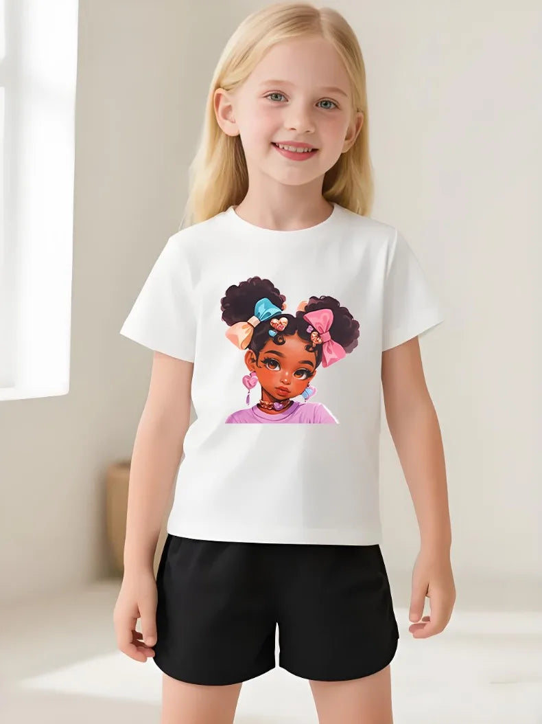 Summer Girls Casual T Shirts Fashion Printed Children's Short Sleeve Tops Kids Breathable Comfy Outdoor Tee Black Pink White
