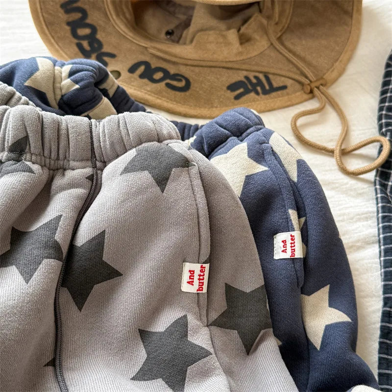 2025 Winter New Children Plus Velvet Thick Casual Pants Fashion Print Boys Fleece Sweat Pants Girls Warm Trousers Kids Clothes