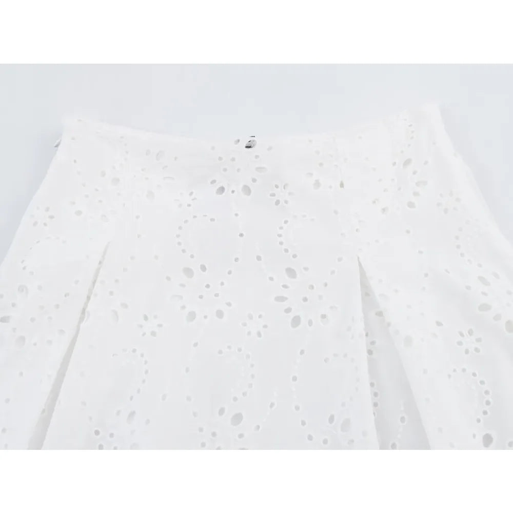 Women Summer Vacation Co Ord Outfits Elegant White Embroidered 2 Piece Set Cropped Top with Thin Straps Matching Cape Midi Skirt
