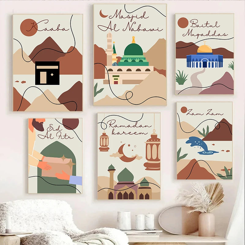 Islamic Art Posters Mosque Kaaba Holy Land Canvas Painting Modern Eid Mubarak Wall Pictures Living Room Bedroom Home Decor Gifts