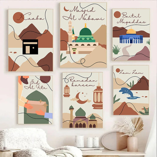 Islamic Art Posters Mosque Kaaba Holy Land Canvas Painting Modern Eid Mubarak Wall Pictures Living Room Bedroom Home Decor Gifts