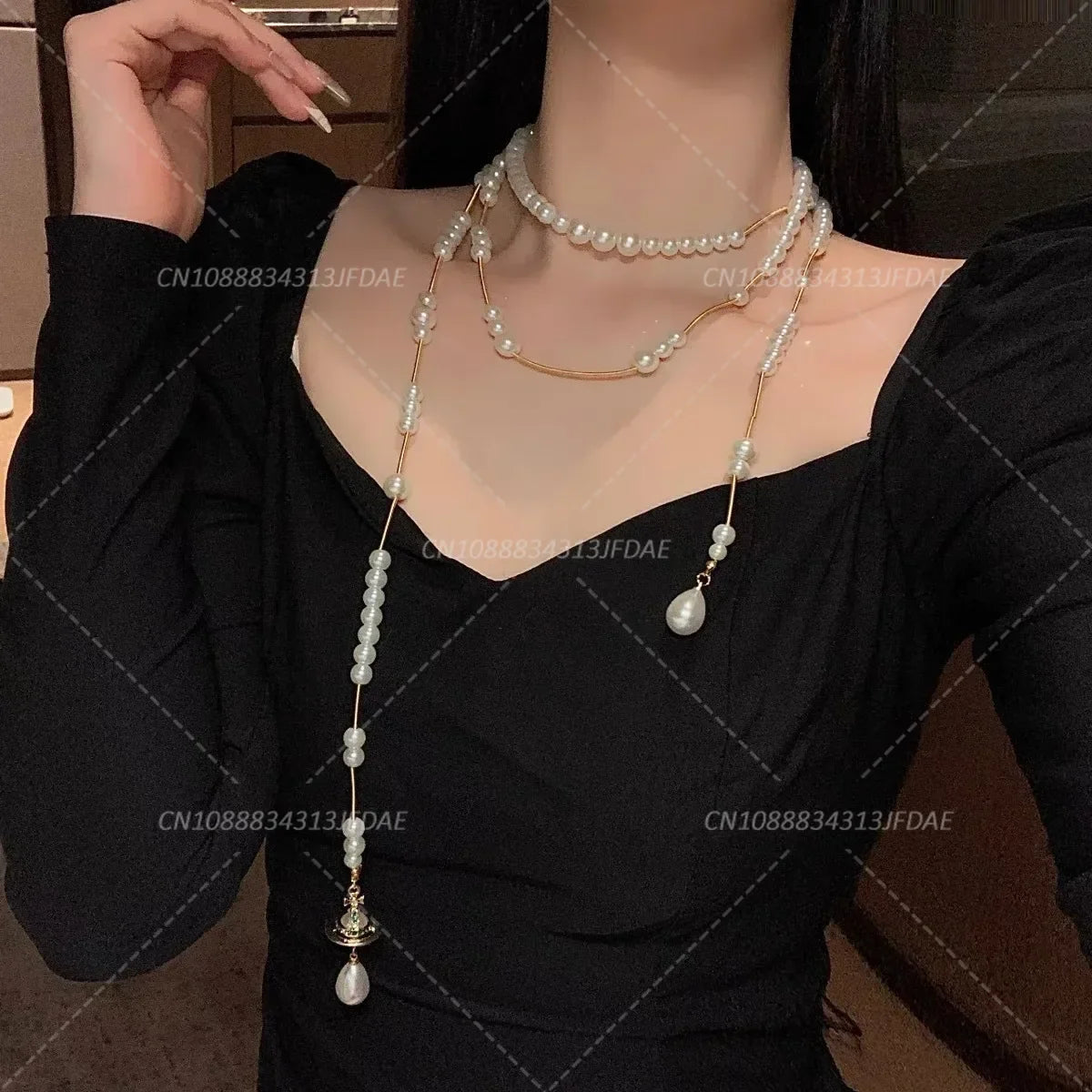 Multilayered Elegant Pearl Fringed Necklace Niche High-end Feel Asymmetric Drape Neck Chain Trendy Vintage Necklace