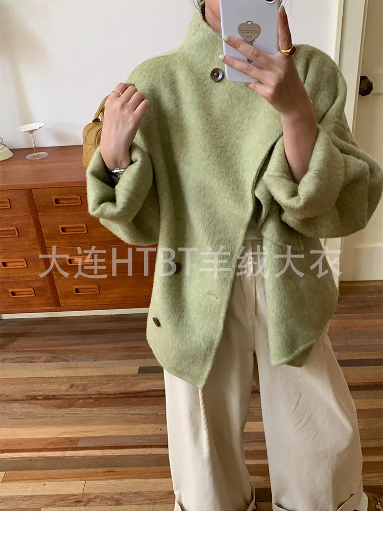 New Winter Short Woolen Coat Fashion Causal Warm Mulberry Silk Lapel Double-sided Wool Coat Loose Suit Jacket Female Tide Autumn