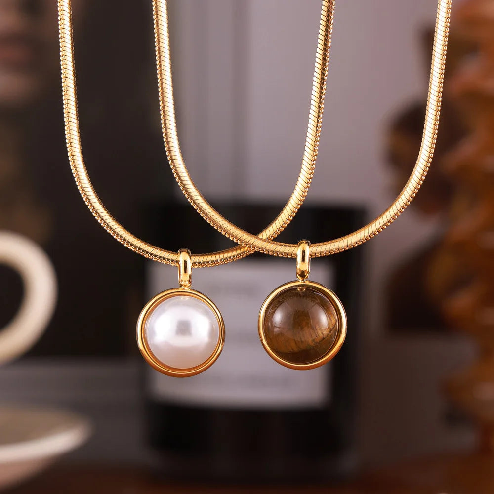 Women's Necklace with Retro Style Pearl Natural Stone Pendant Titanium Steel Lock Chain Fashionable Jewelry Accessories