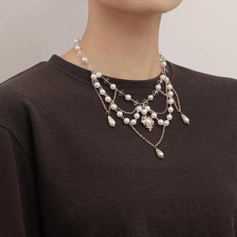 31BB Tassel Necklace Elegant Layered Necklace Pearl Beaded Necklace Clavicle Chain