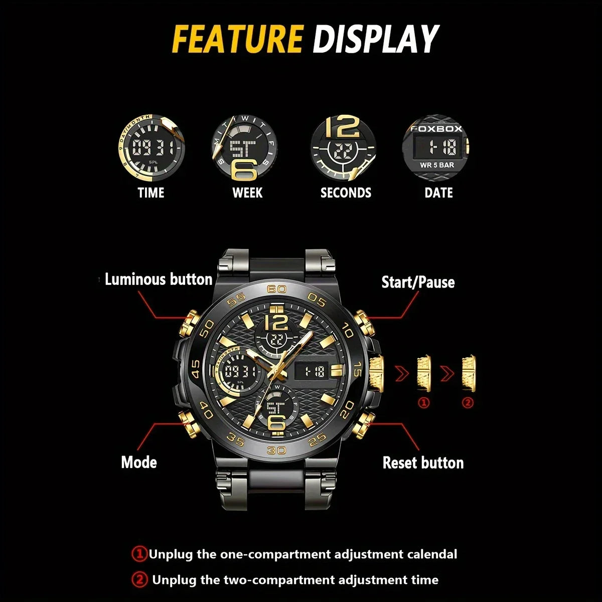 New Watches For Men Waterproof Clock Alarm reloj hombre LCD Dual Display Wristwatch Quartz Military Sports Mens Watch
