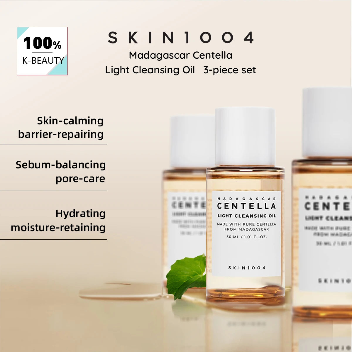 SKIN1004 Madagascar Centella Light Cleansing Oil 30ml*3,Lightweight Oil Texture,Non-Greasy & Refreshing,K-Beauty,Korean Makeup