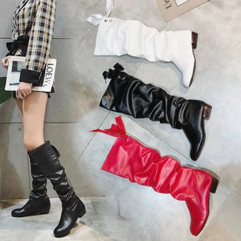 2024Shoes For Women  Knee High Boots Red Black White Tall Boots Woman Pleated Low Heel Casual Leather Female Long Shoes