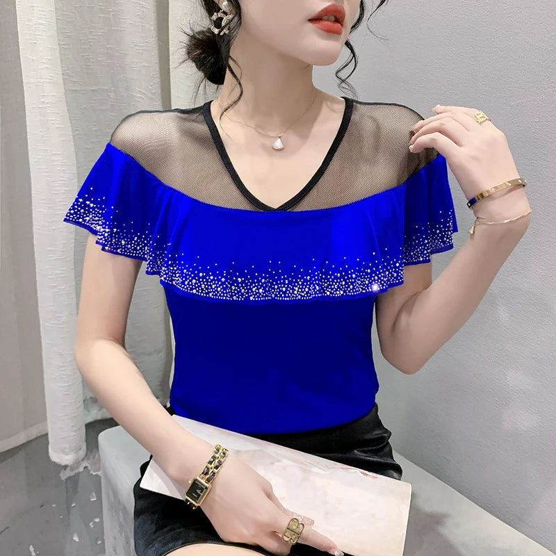 Real Photos Summer Tops Girl Patched Ruffles Mesh V Neck Short Sleeve T Shirt Women Fashion Tees Tshirts Beach Clothing