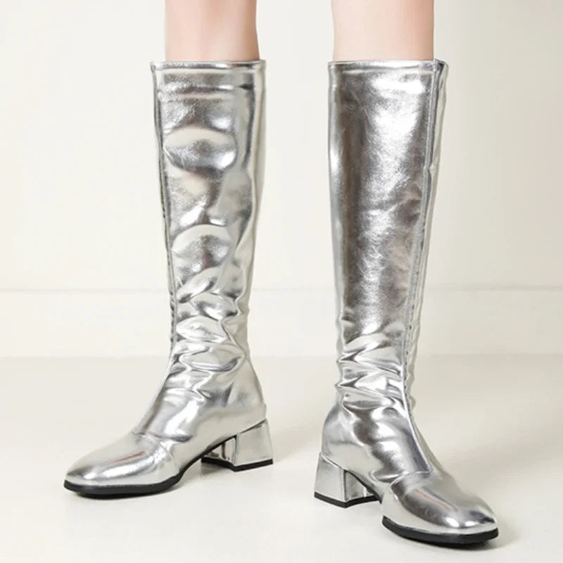 Women's Knee High Boots Winter Shoes 2026 Gold Silver Low Heeled Long Boot Ladies Party Footwear Shoes Large Size 45 Waterproof