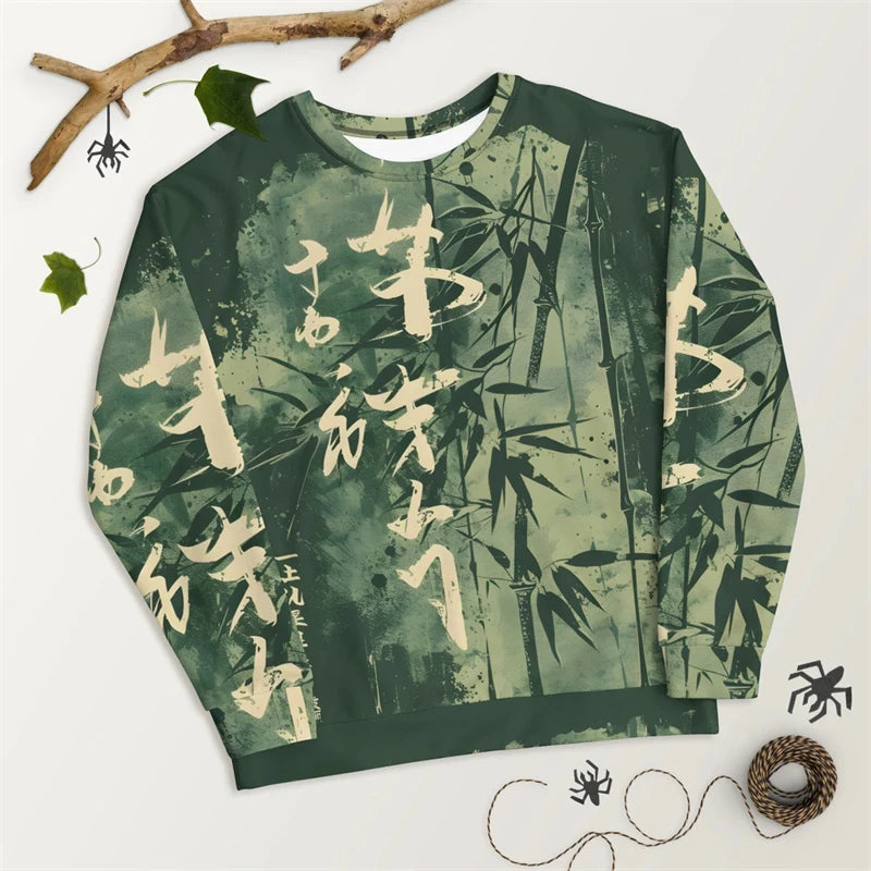 Pullover Sweatshirt For Men Japanese Style Graffiti 3D Printed Long Sleeve Tops Oversized Street Hip Hop O-Neck Casual Hoodies