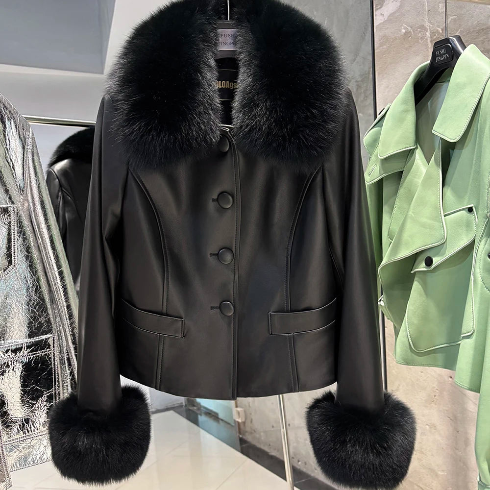YOLOAgain Women's Mongolia Sheep Fur Collar Real Leather Jacket Single Breasted