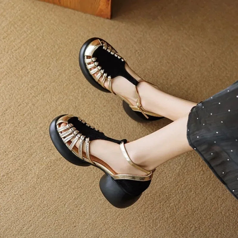 Women's Shoes 2025 New Summer Trend Comfortable Low-heeled Shoes Baotou Casual One-line Buckle Fashion Roman Sandals