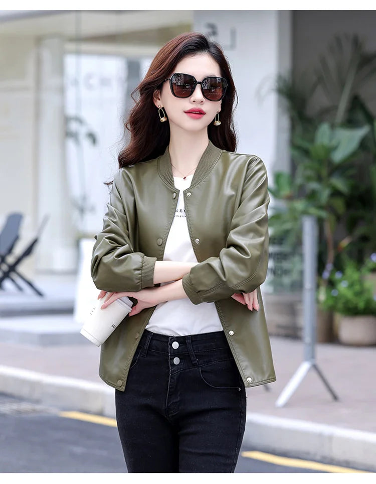 New Women Casual Leather Jacket Spring Autumn Fashion Patchwork V-Neck Single Breasted Loose Short Outerwear Split Leather