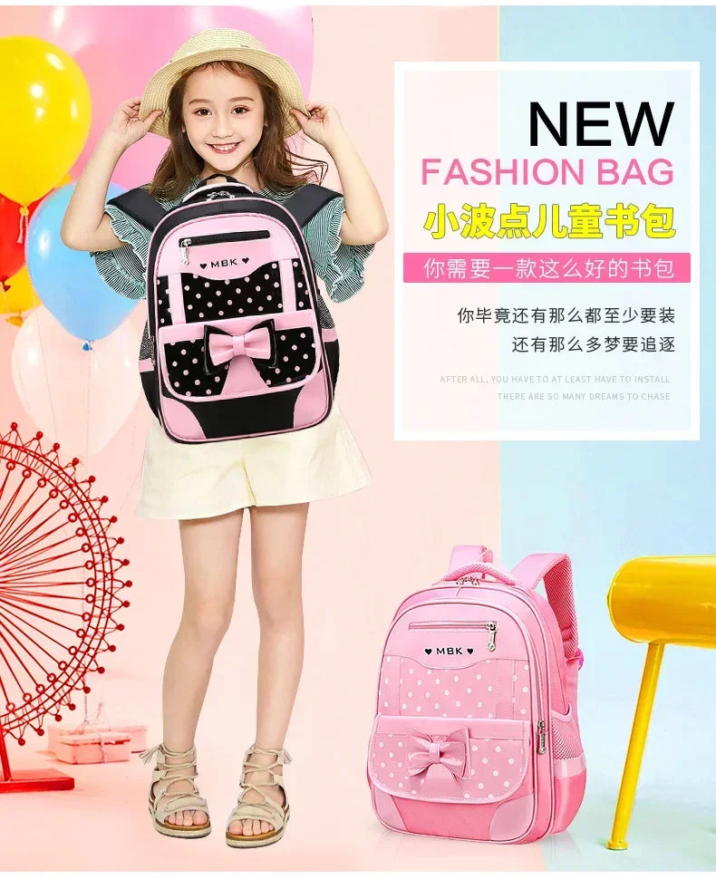 Lightweight School Backpack for Girls Kids Ages 6-12, Cute Polka Dot Bow Elementary Bookbag with Ergonomic Padded Straps